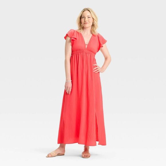 A New Day Dresses & Skirts - A New Day - Women's Flutter Short Sleeve Maxi A-Line Dress - A Coral